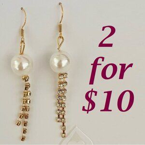 Dangling Bold Pearl Bead Earrings with Rhinestone Strands Lightweight by Jin na